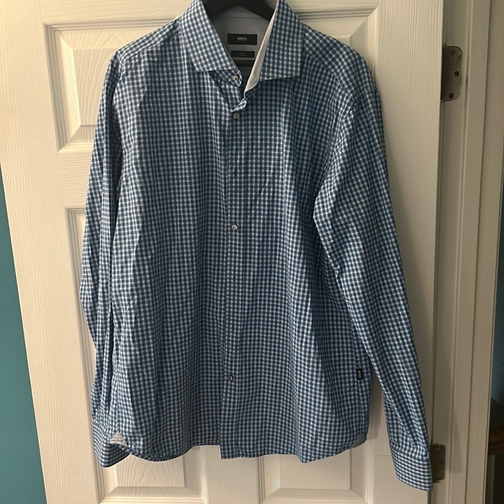 Hugo Boss Shirt Mens XL Button Up Blue Checkered Long Sleeve Regular Fit